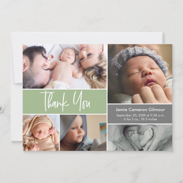 Modern Grönt Photo Collage Baby Shower-skript Tack Kort (Framsida)