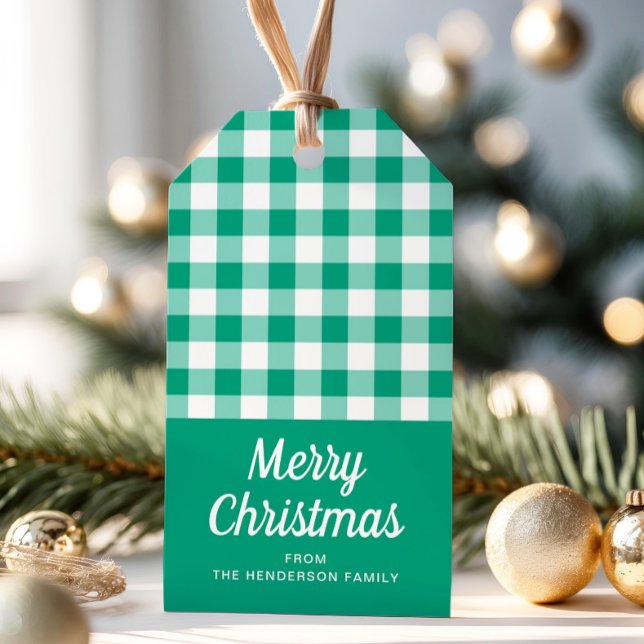 Modern Grönt Play Script God jul Presentetikett (Green Plaid Pattern Script Merry Christmas Gift Tags)