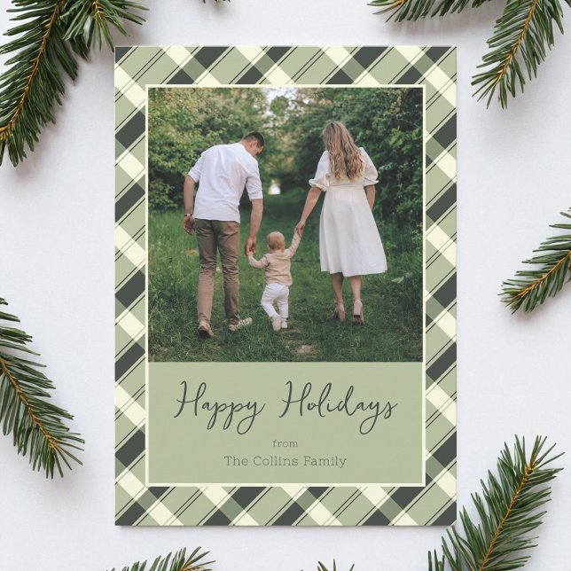 Modern Grönt Play Script Photo Glad helg Julkort (Modern Green Plaid Script Photo Happy Holidays Holiday Card)