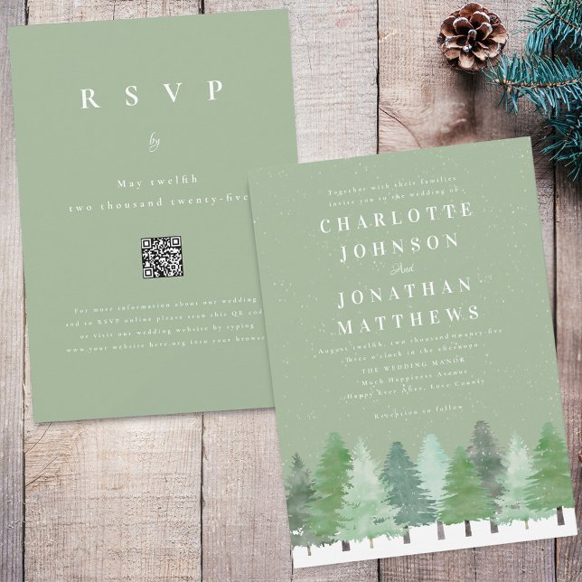 Modern Grönt QR-kod Sage Winter Wedding Inbjudningar (Modern snowy woodland winter forest sage green wedding qr code invitation Watercolor evergreen trees)