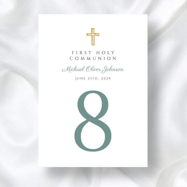 Modern Grönt Religiösa Kor Boy First Communion Bordsnummer (Modern Green Religious Cross Boy First Communion Table Number)