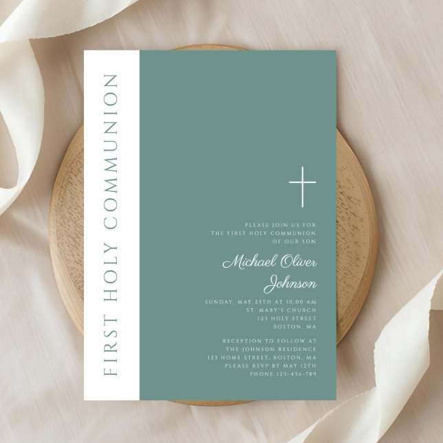 Modern Grönt Religiösa Kor Boy First Communion Inbjudningar (Modern Green Religious Cross Boy First Communion Invitation)