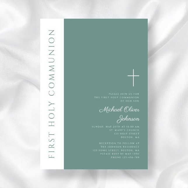 Modern Grönt Religiösa Kor Boy First Communion Inbjudningar (Modern Green Religious Cross Boy First Communion Invitation)