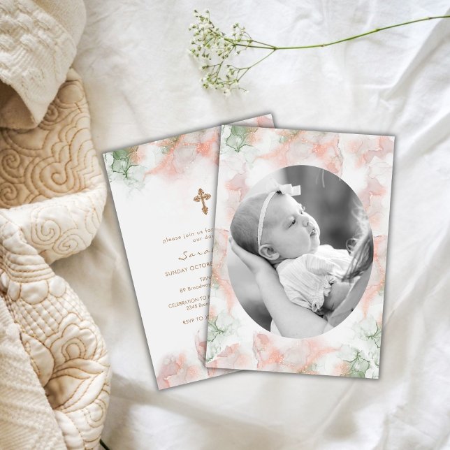 Modern Grönt Rosa Agate Photo Guld Kor Baptism Inbjudningar (Modern Green Pink Agate Photo Gold Cross Baptism Invitation)