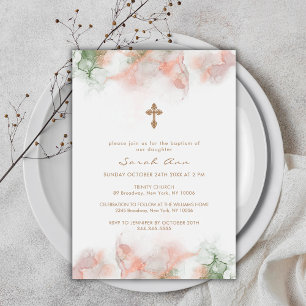 Modern Grönt Rosa Boho Agate Guld Kor-baptism Inbjudningar