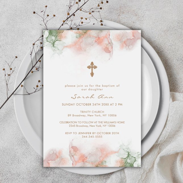 Modern Grönt Rosa Boho Agate Guld Kor-baptism Inbjudningar (Modern Green Pink Boho Agate Gold Cross Baptism Invitation)