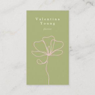 Modern grönt rosa line art blommigt teckning elega visitkort