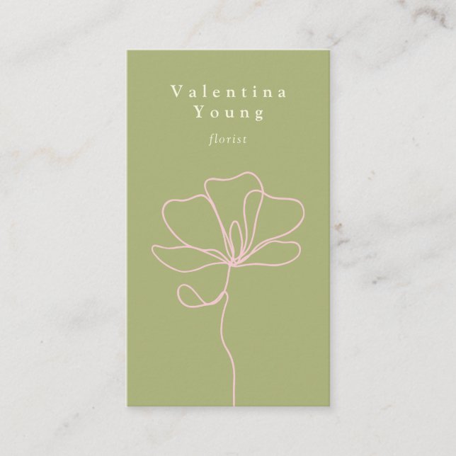 Modern grönt rosa line art blommigt teckning elega visitkort (Framsida)