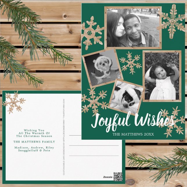 Modern Grönt Rustic Snowflake 4 Fotojul Vykort (Personalize these rustic snowflake holiday postcards for one of a kind Christmas cheer this year.)
