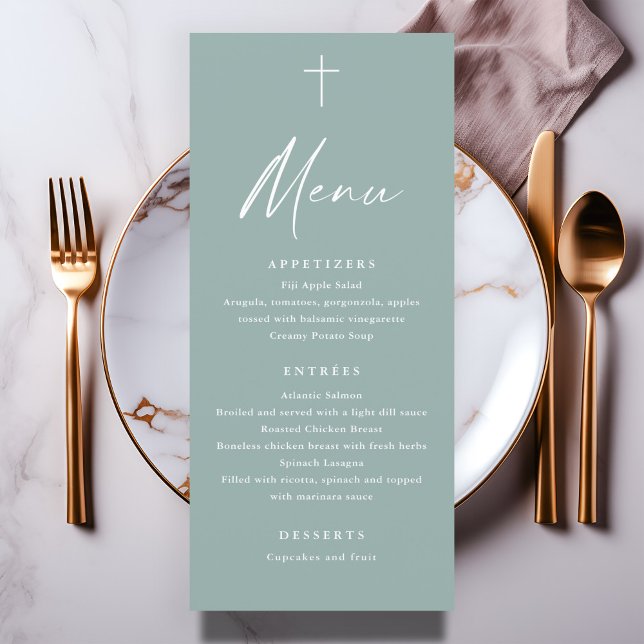 Modern Grönt Sage Baptism-meny Program (Modern sage green script baptism menu.)