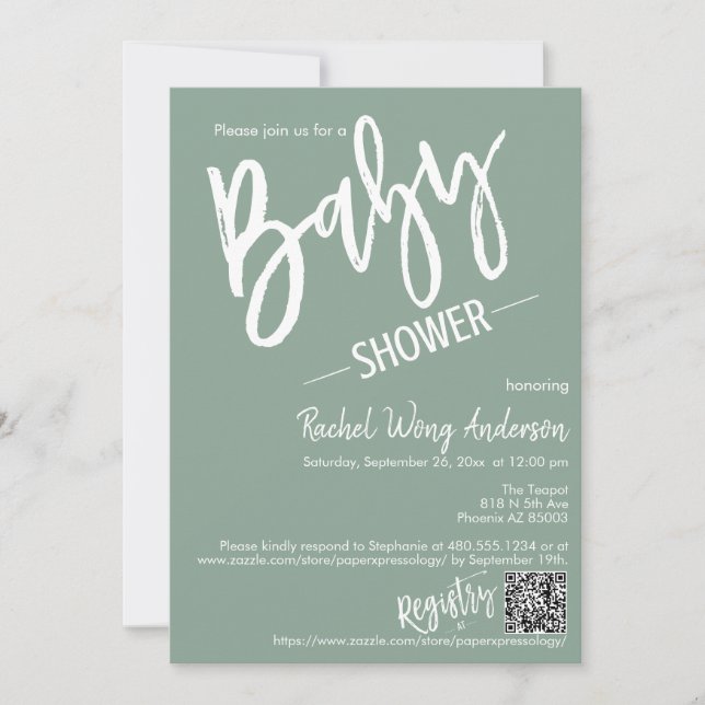 Modern Grönt Script Baby Shower QR-kodfoto Inbjudningar (Framsida)