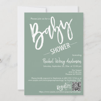 Modern Grönt Script Baby Shower QR-kodfoto Inbjudningar