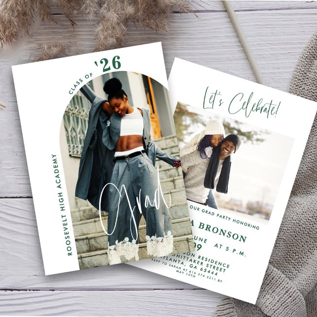 Modern Grönt Script Photo 2024 Minimal Grad Party Inbjudningar (Skapare uppladdad)