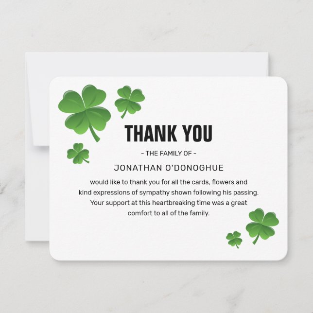 Modern Grönt Shamrock Klöver Bereavement Funeral Tack Kort (Framsida)