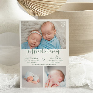Modern grönt-skript 3 foto baby twillingar födelse meddelande