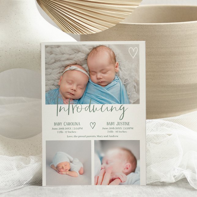 Modern grönt-skript 3 foto baby twillingar födelse meddelande (Skapare uppladdad)