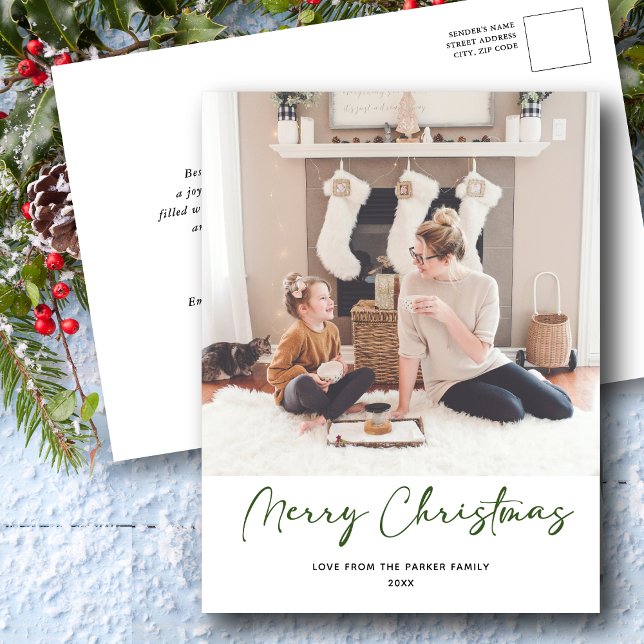 Modern Grönt-skript, fotominimalistisk julklapp Helg Vykort (Skapare uppladdad)