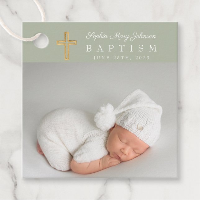 Modern Grönt-skriptfoto-baptism Gåvor Etiketter (Framsida)
