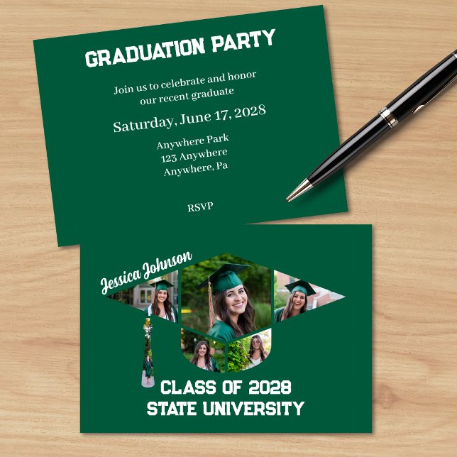 Modern Grönt Studenten Shape Photo Collage Party Inbjudningar (Modern Green Photo Graduation Party Invite with a Photo Collage in the Shape of a Grad Cap)