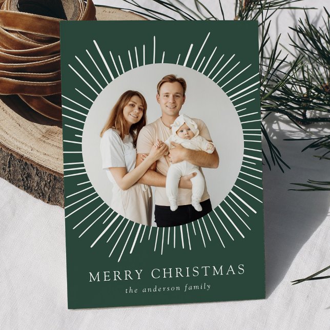 Modern Grönt Sunburst God jul 2 Photo Julkort (Skapare uppladdad)