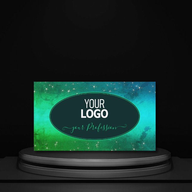 Modern Grönt Teal Sparkling Glitter Stars Add Logo Visitkort (Skapare uppladdad)