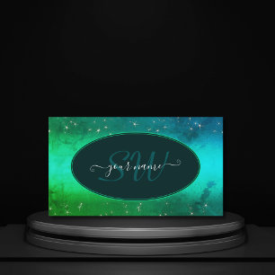 Modern Grönt Teal Sparkling Glitter Stars Initiale Visitkort