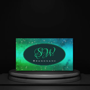 Modern Grönt Teal Sparkling Glitter Stars Monogram Visitkort