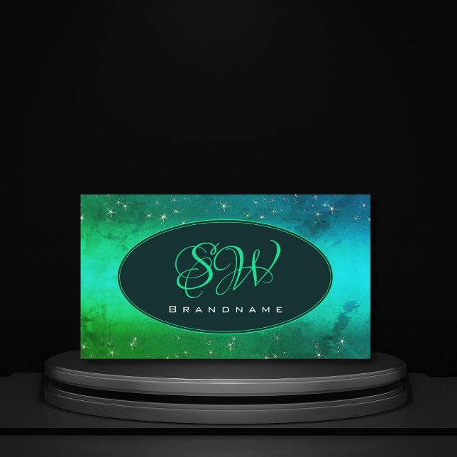 Modern Grönt Teal Sparkling Glitter Stars Monogram Visitkort (Skapare uppladdad)