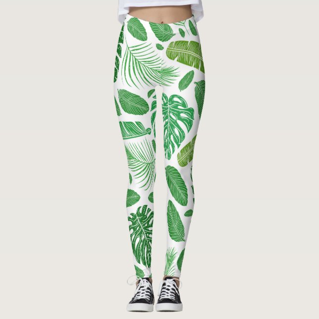 Modern Grönt Tropical Blad Mönster Leggings (Framsida)
