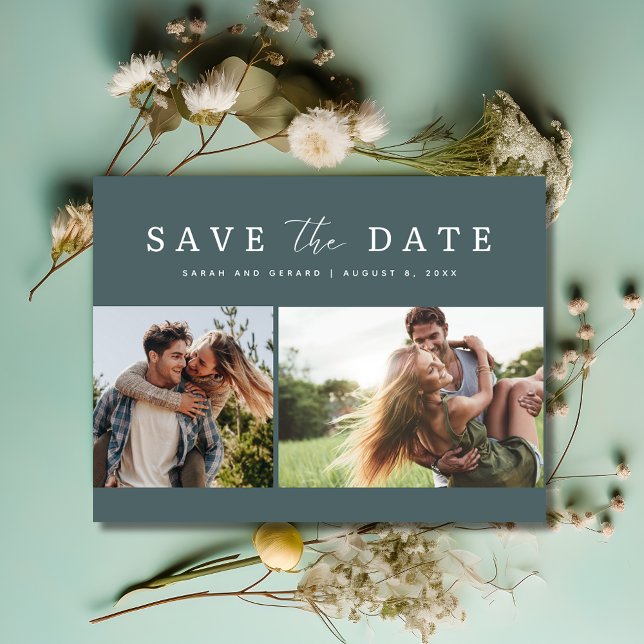 Modern Grönt två foto Bröllop spara datum Meddelande Vykort (Modern Green Two Photo Wedding Save the Date Postcard)