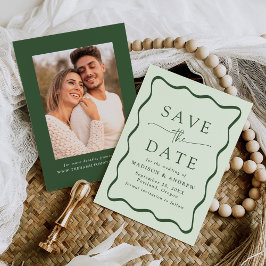 Modern Grönt Vågigt Ram Photo Bröllop Spara Datumet