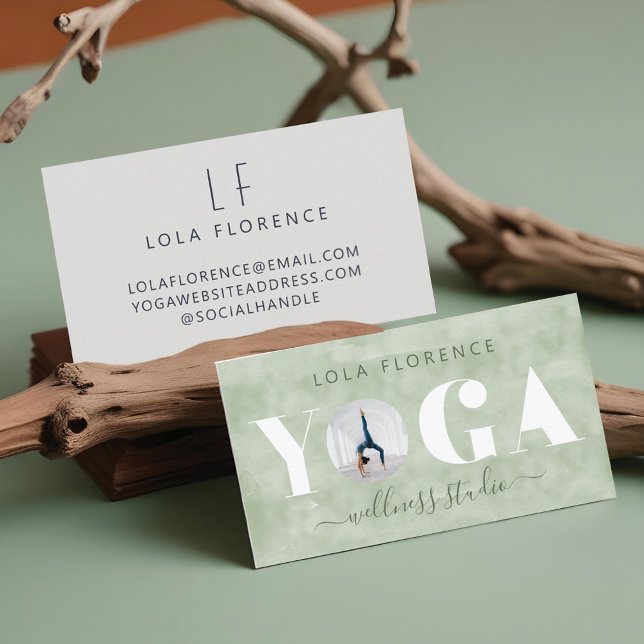 Modern Grönt - vattenfärg YOGA Overlay Anpassnings Visitkort (Modern Green Watercolor YOGA Overlay Custom Photo Business Card)