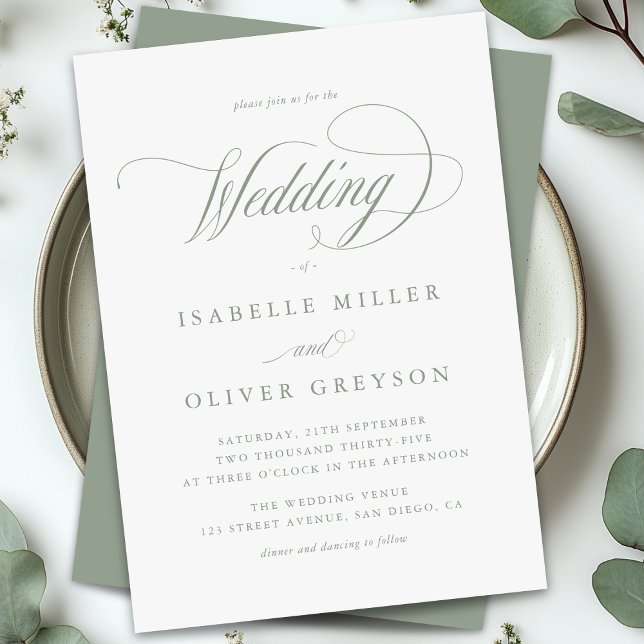 Modern Grönt Vit enkel minimal Bröllop Inbjudningar (Modern Sage Green White Simple Minimal Wedding Invitation)