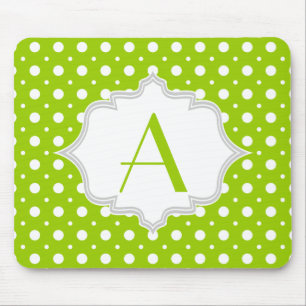 Modern grönt, vit polka punkt mönster och monogram musmatta