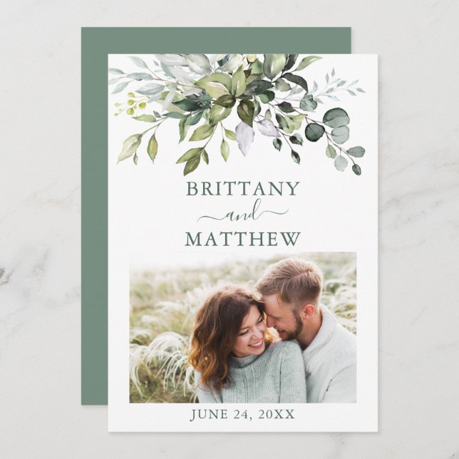 Modern Grönt Watercolor Greenery Photo Spara Datumet (Fram/baksida)