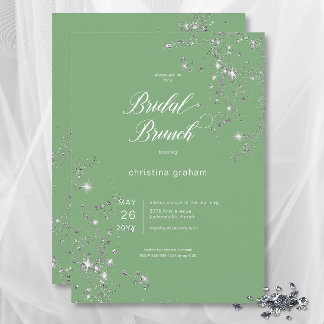 Modern Grönt & White Glam Diamonds Möhippa Brunch Inbjudningar (Modern Green & White Glam Diamonds Bridal Brunch Invitation)