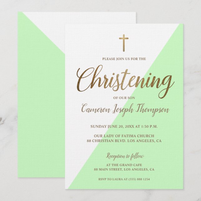 Modern Grönt White Guld Christening pojke Inbjudningar (Fram/baksida)