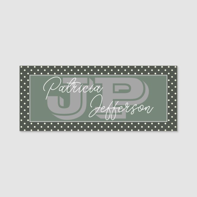 Modern Grönt White Polka dots: Elegant Monogrammed Namnbricka (Framsida)