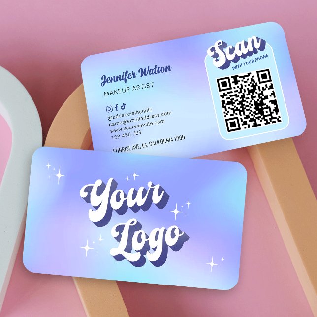 Modern Groovy-Logotyp HoloGraph Salon Spa QR-kod Visitkort (Modern scannable QR code business cards with retro groovy fonts and blue gradient background)