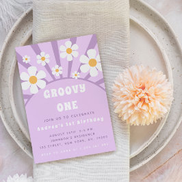 Modern Groovy One Retro Sunshine Första födelsedag Inbjudningar
