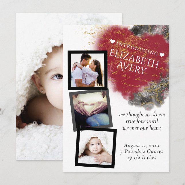 Modern Grunge Heart och Paint Splatter Photo Birth Meddelande (Fram/baksida)