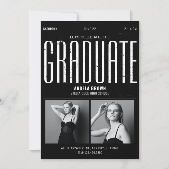 Modern Grunge svartvit studenten-foto Inbjudningar (Framsida)