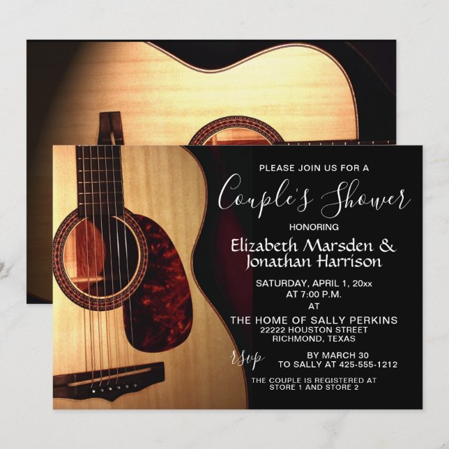 Modern Guitar Musical Handlettered Couppel's Showe Inbjudningar (Fram/baksida)