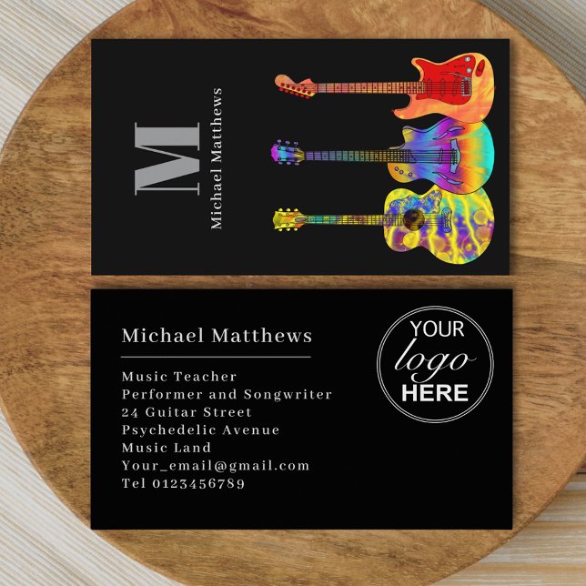 Modern Guitar Teacher Anpassningsbar Logotyp Visitkort (Guitar teacher logo custom business card with colorful guitars and monogram)