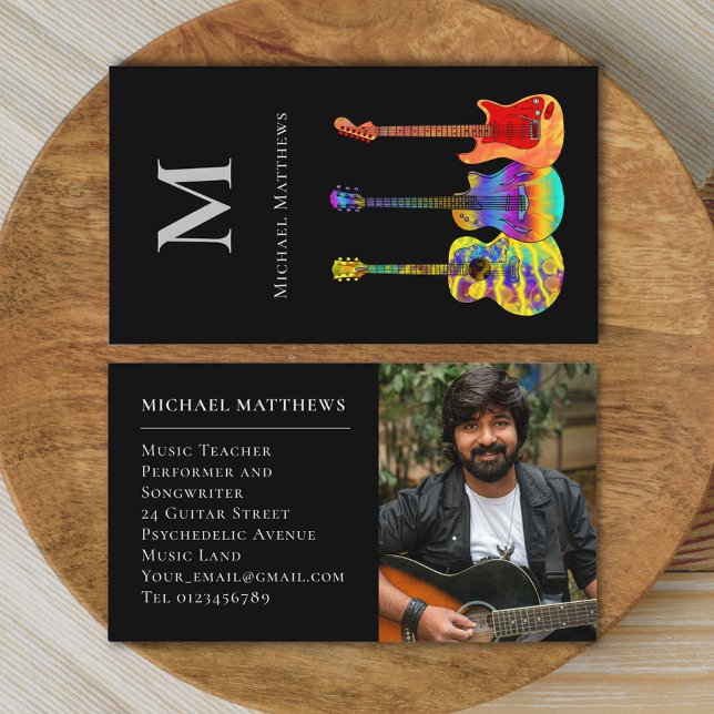 Modern Guitar Teacher Anpassningsbar Photo Visitkort (Modern guitar tutor custom photo business card)
