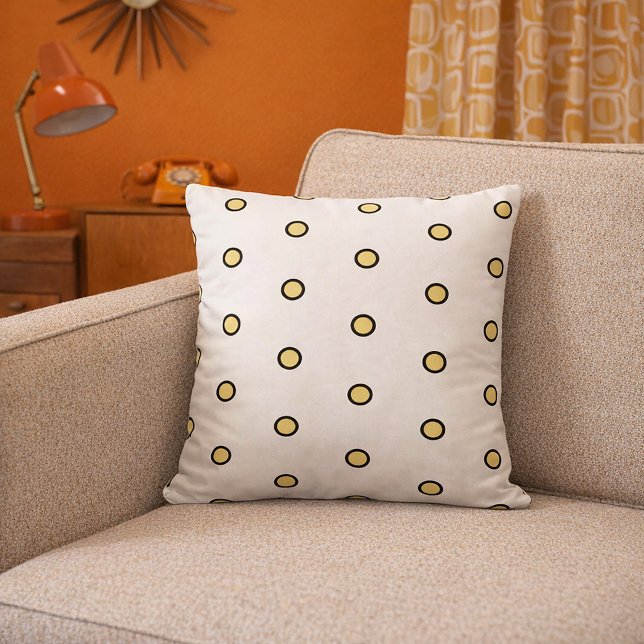 Modern gul cirkel prickmönster minimalism kudde (A throw pillow with yellow dots with black outlines on a white background.)