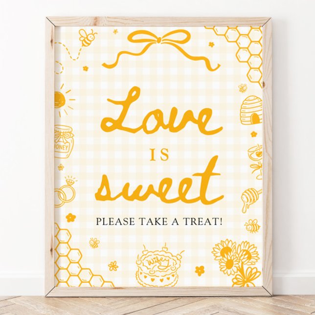 Modern gul gingham honungsbi Kärlek är sött tecken Poster (Modern Yellow Gingham Honey Bee Love is Sweet Sign)