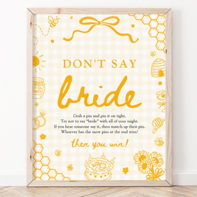 Modern gul gingham honungsbi Säg inte brud Poster (Modern Yellow Gingham Honey Bee Don't Say Bride Sign)