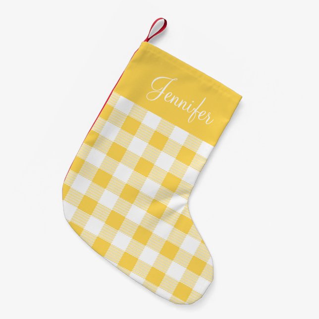 Modern gul gingham karé mönster namn liten julstrumpa (Framsidan (Hängande))
