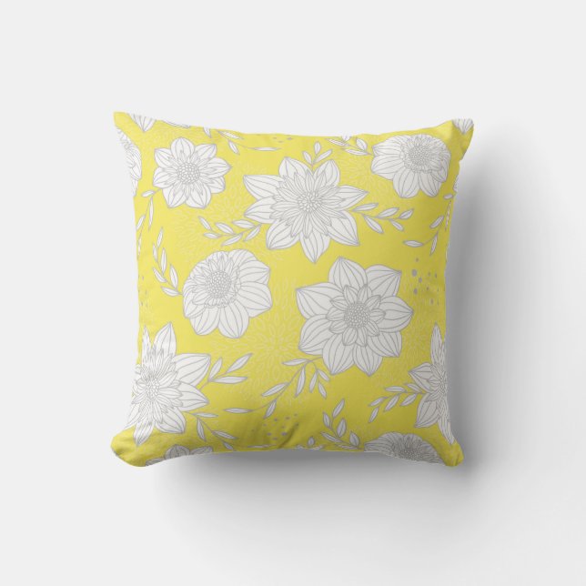 Modern Gul Grå Blommig Kudde (Framsida)
